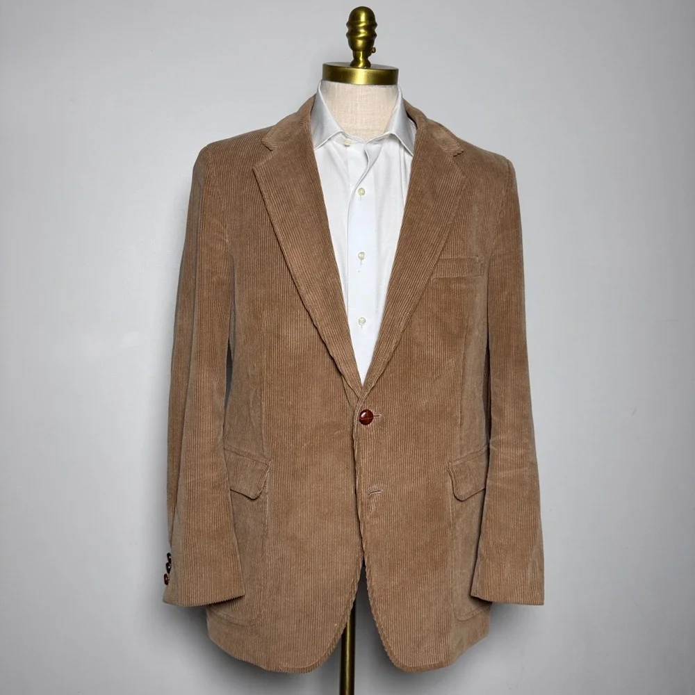 Jordache Blazer Mens 44L Tan Solid Corduroy 2-Button Notch Lapel Vintage